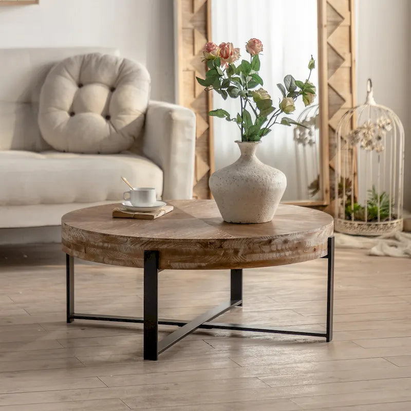 31.29Modern Retro Splicing Round Coffee Table , Fir Wood Table Top with Cross Legs Metal Base