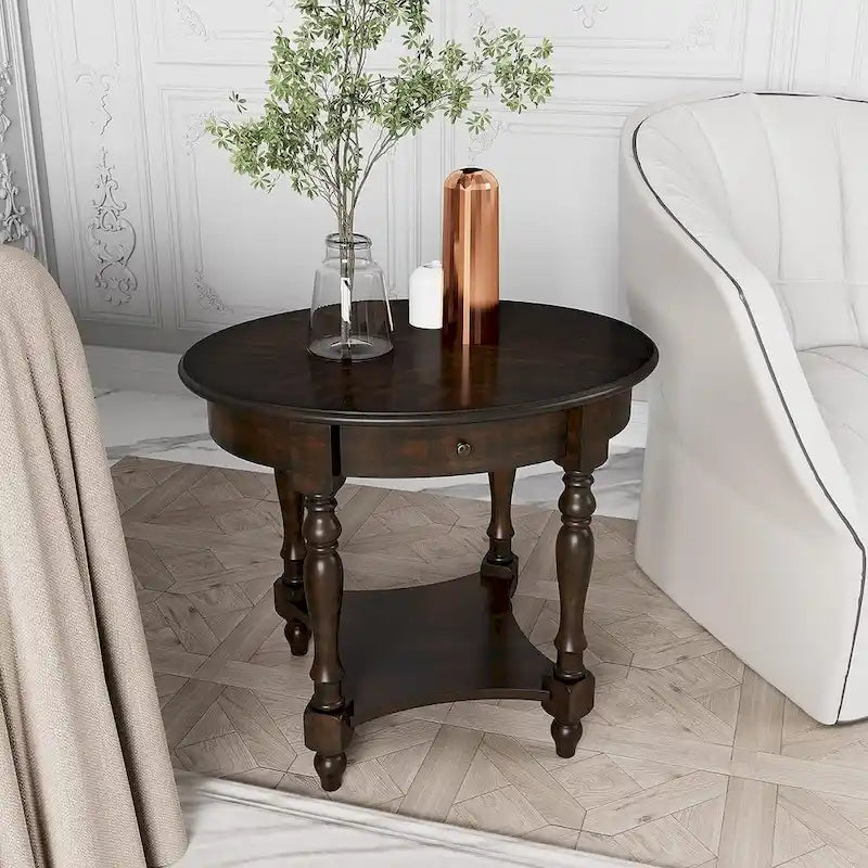 Solid Wood Oval End Table Sofa Table with Drawer and Storage Shelf
