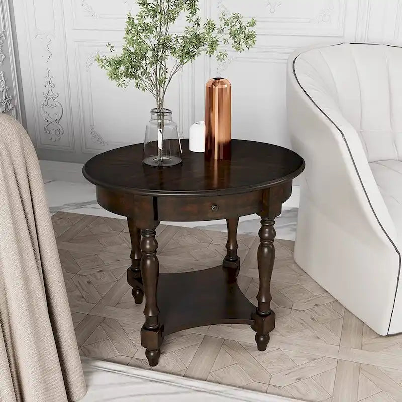 Solid Wood Oval End Table Sofa Table with Drawer and Storage Shelf