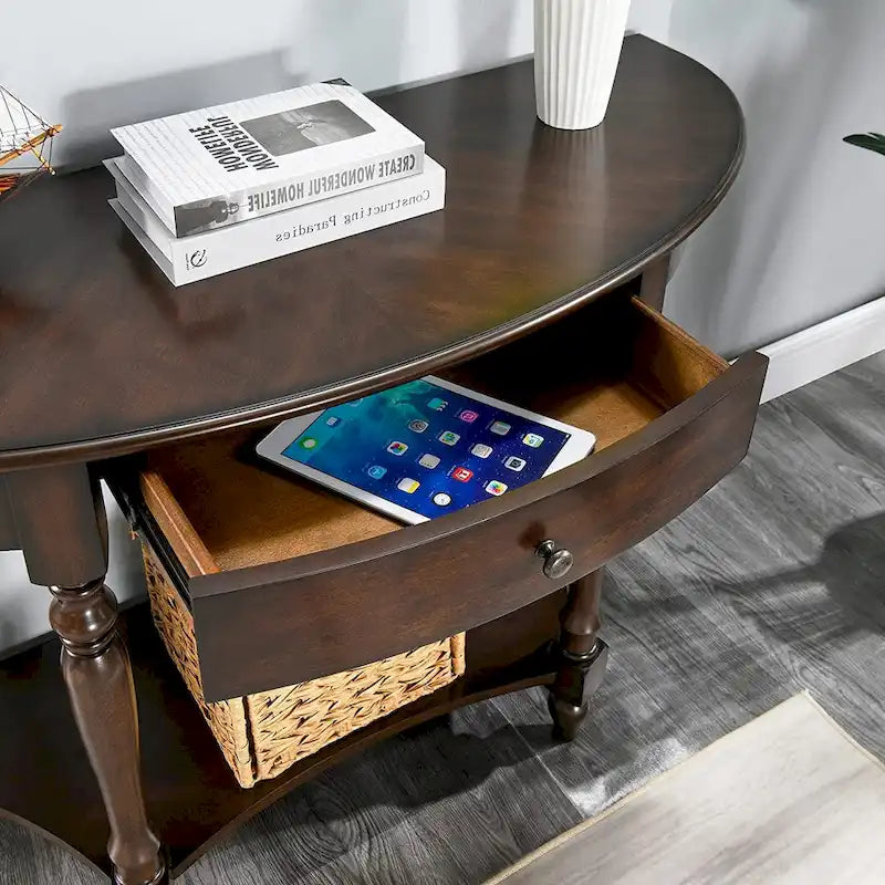 Solid Wood Oval End Table Sofa Table with Drawer and Storage Shelf