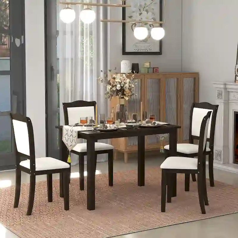 5-Piece Wood Dining Table Set Simple Style Kitchen Dining Set Rectangular Table with Upholstered Chairs for Limited Space