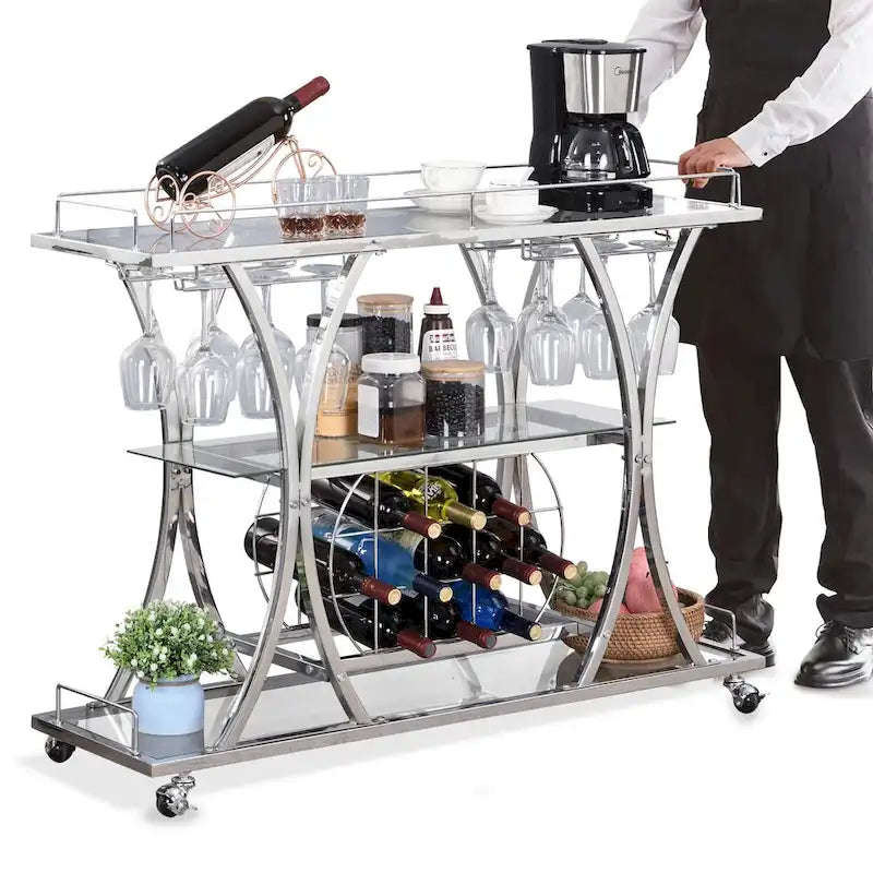 Myhozm 3-tier Serving Metal Bar Cart with Tempered Glass