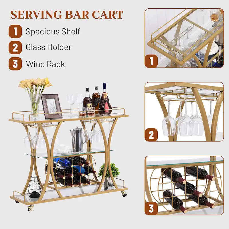 Myhozm 3-tier Serving Metal Bar Cart with Tempered Glass