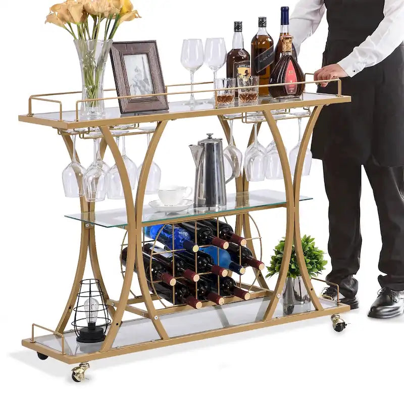 Myhozm 3-tier Serving Metal Bar Cart with Tempered Glass