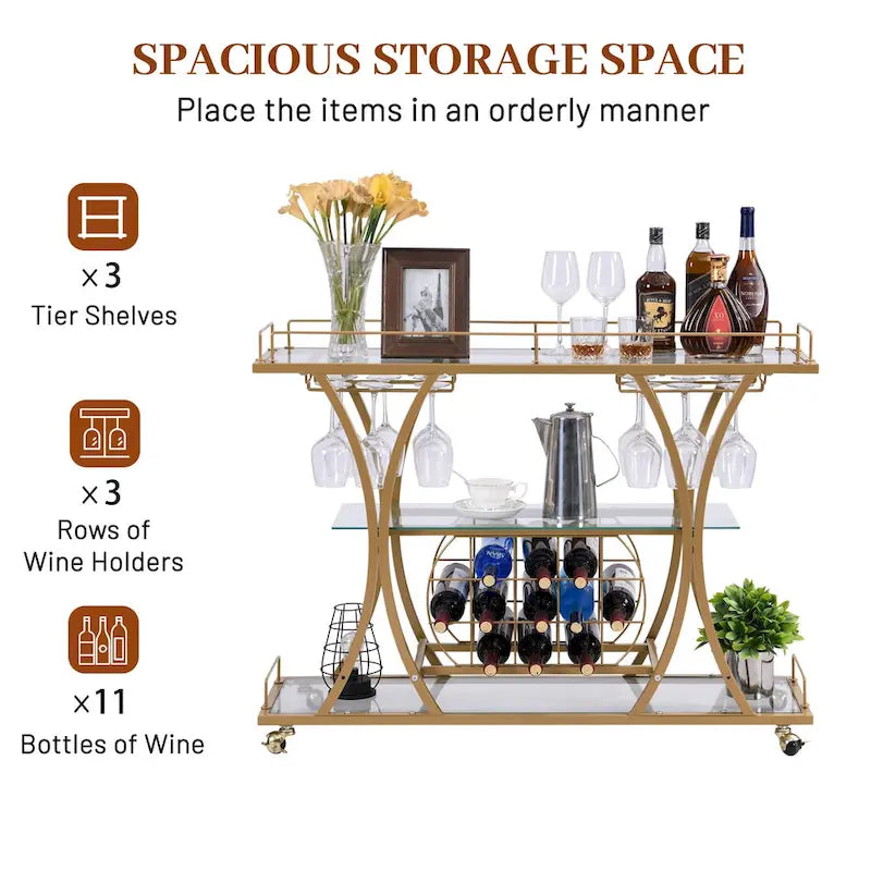 Myhozm 3-tier Serving Metal Bar Cart with Tempered Glass