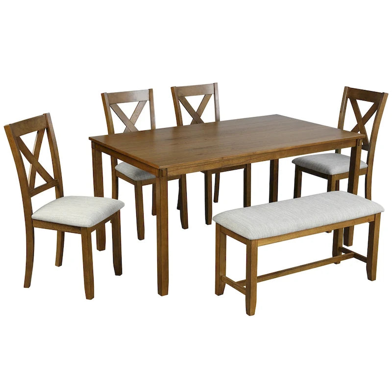 6-Piece Wooden Kitchen Dining Table Set with 4 Chairs and Bench