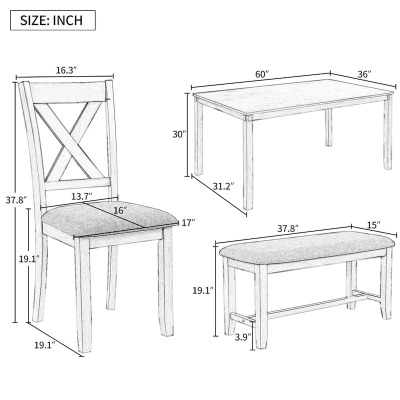 6-Piece Wooden Kitchen Dining Table Set with 4 Chairs and Bench