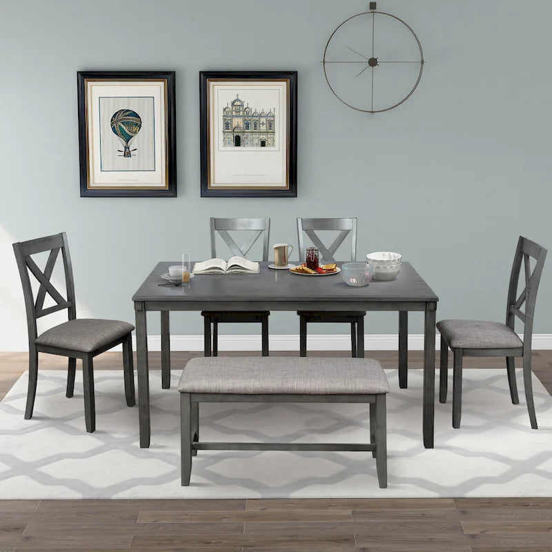 6-Piece Wooden Kitchen Dining Table Set with 4 Chairs and Bench
