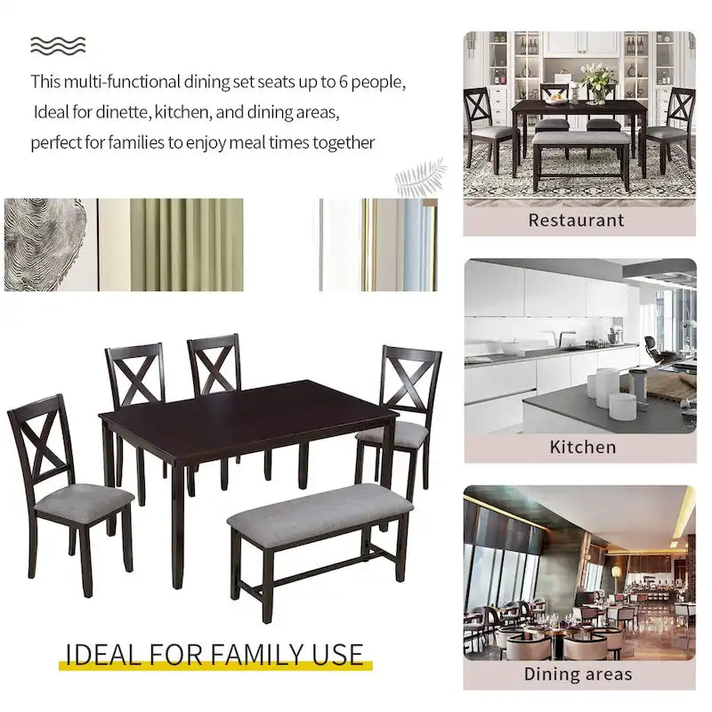 6-Piece Wooden Kitchen Dining Table Set with 4 Chairs and Bench
