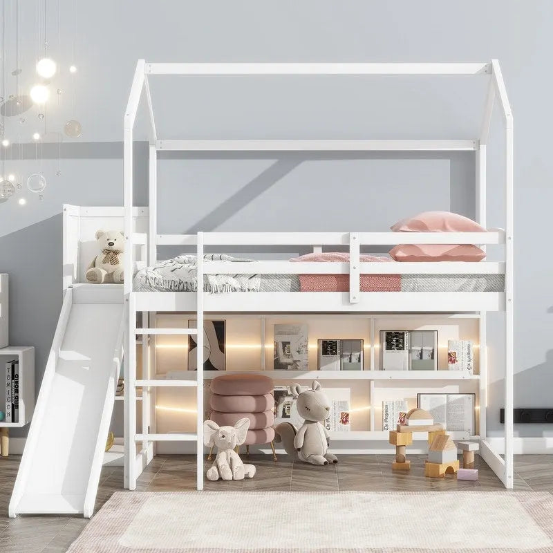 Wood House Loft Bed with Slide,Storage Shelves,Climbing Ramp and Light