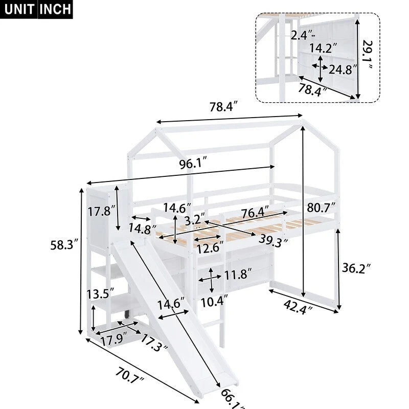 Wood House Loft Bed with Slide,Storage Shelves,Climbing Ramp and Light