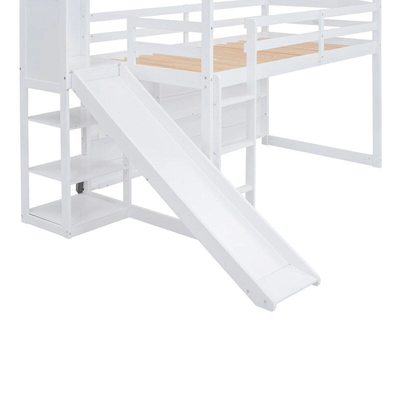 Wood House Loft Bed with Slide,Storage Shelves,Climbing Ramp and Light