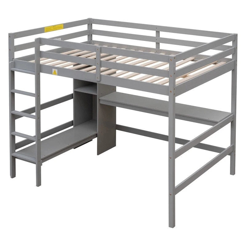 Full Size Loft Bed with Multifunction Shelves and Under-bed Desk