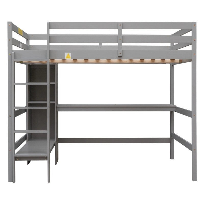 Full Size Loft Bed with Multifunction Shelves and Under-bed Desk