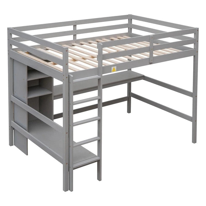 Full Size Loft Bed with Multifunction Shelves and Under-bed Desk