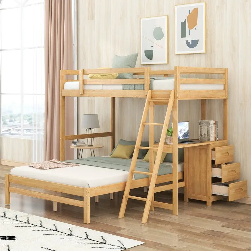 Twin over Full Bunk Bed with Built-in Desk,3 Drawers