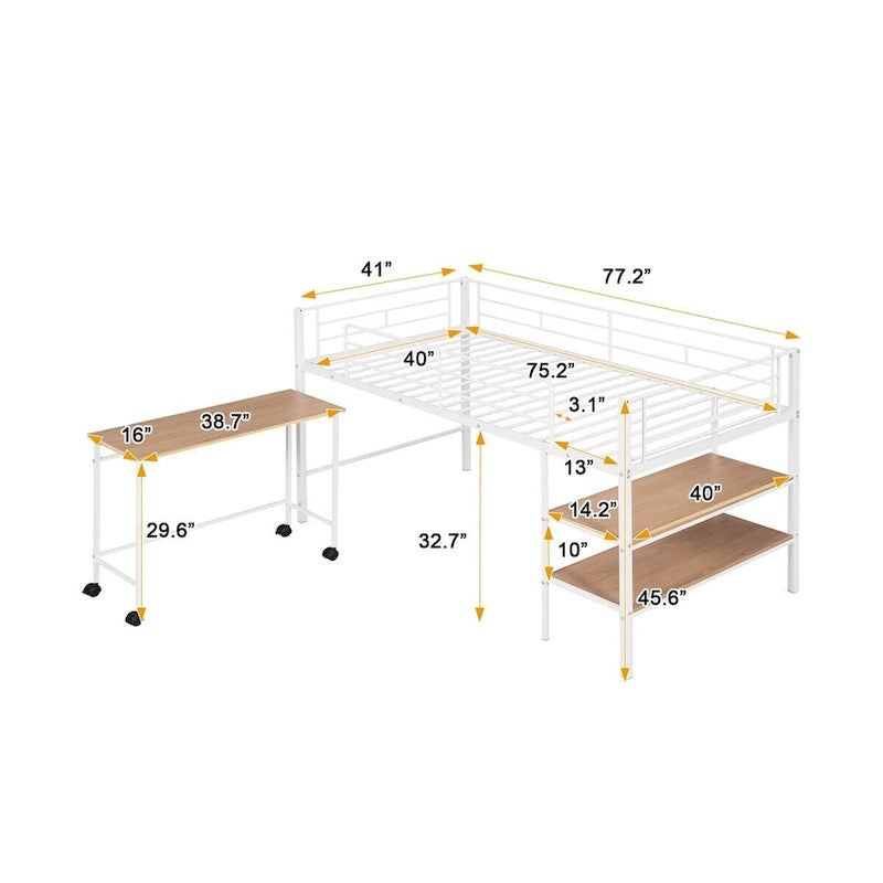 Merax Twin Size Metal Loft Bed with Desk and Shelves