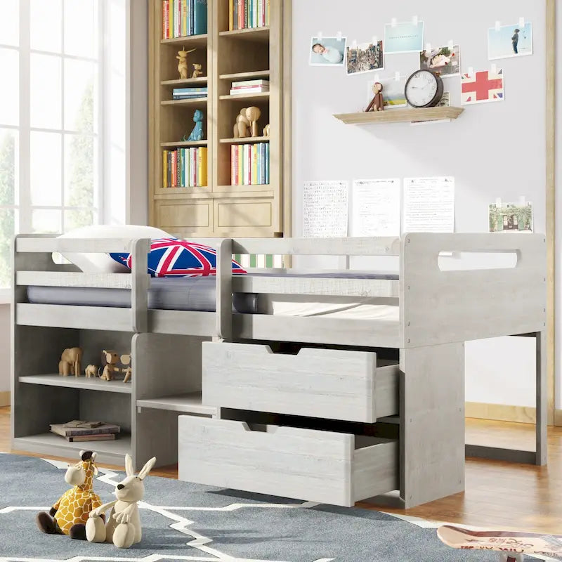 Nestfair Twin Size Loft Bed with Two Shelves and Two drawers