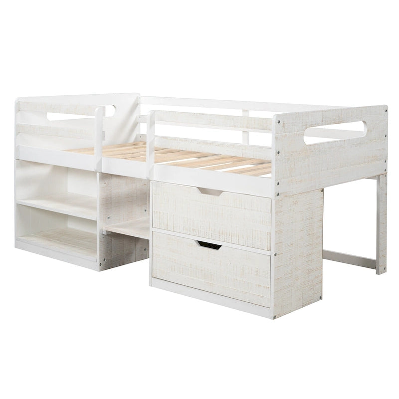 Nestfair Twin Size Loft Bed with Two Shelves and Two drawers