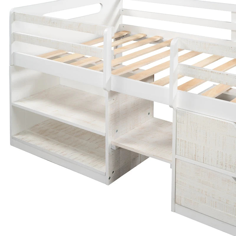 Nestfair Twin Size Loft Bed with Two Shelves and Two drawers