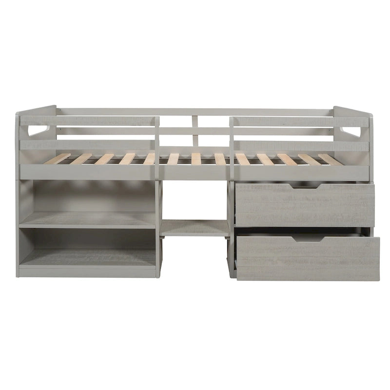 Nestfair Twin Size Loft Bed with Two Shelves and Two drawers