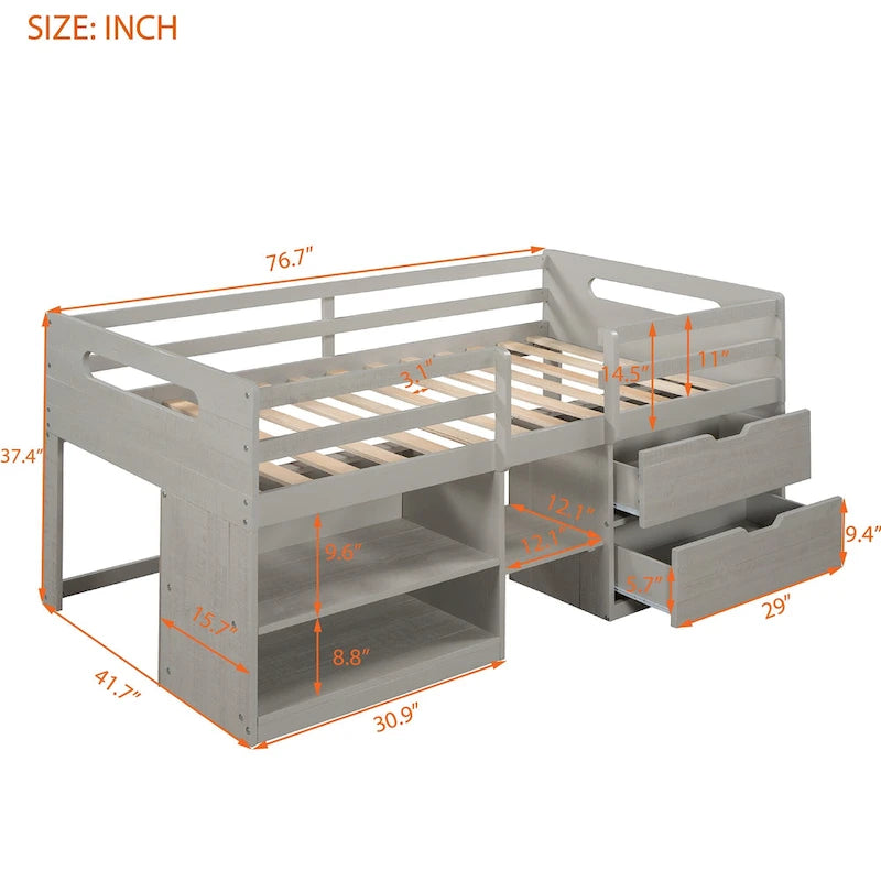 Nestfair Twin Size Loft Bed with Two Shelves and Two drawers