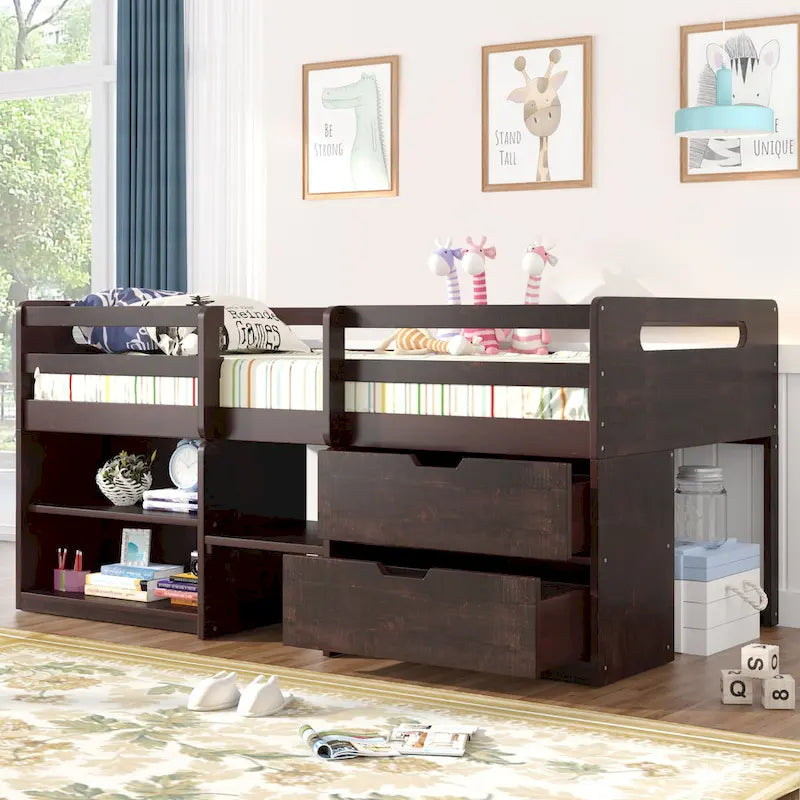 Nestfair Twin Size Loft Bed with Two Shelves and Two drawers