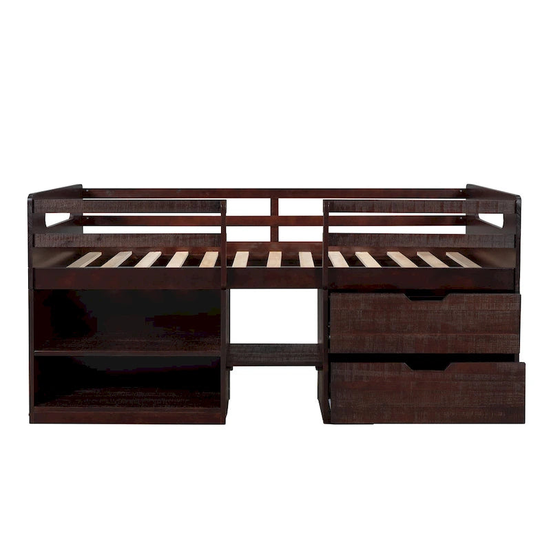 Nestfair Twin Size Loft Bed with Two Shelves and Two drawers