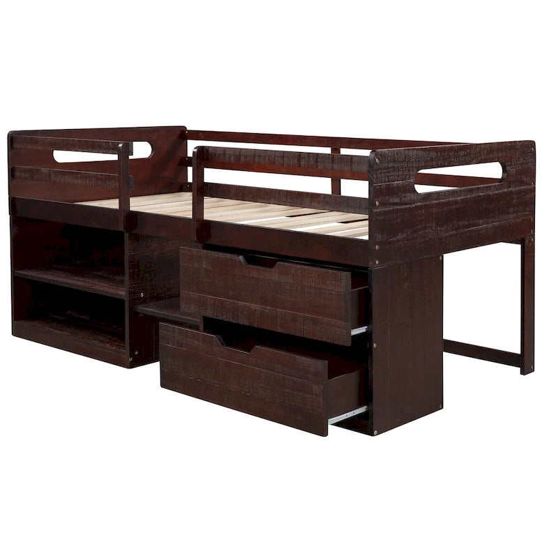 Nestfair Twin Size Loft Bed with Two Shelves and Two drawers