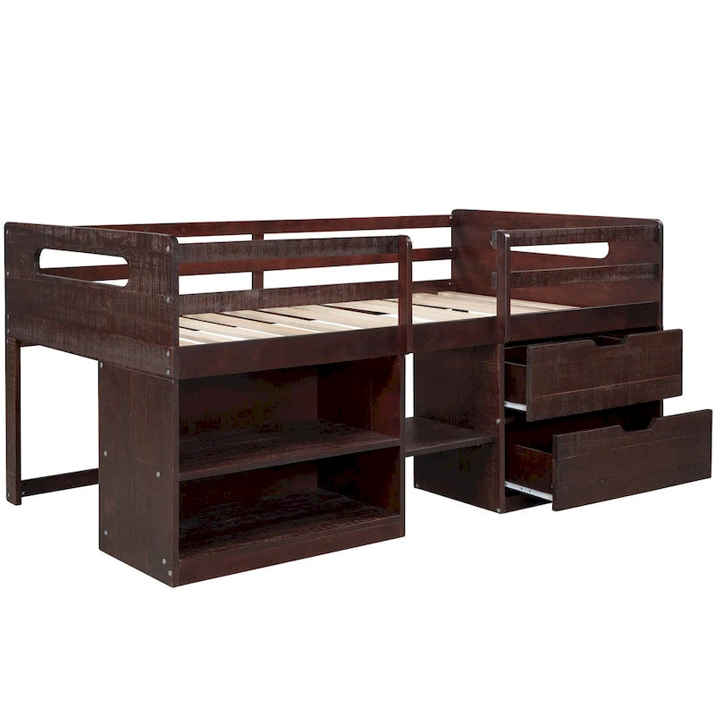 Nestfair Twin Size Loft Bed with Two Shelves and Two drawers
