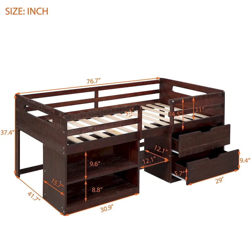 Nestfair Twin Size Loft Bed with Two Shelves and Two drawers