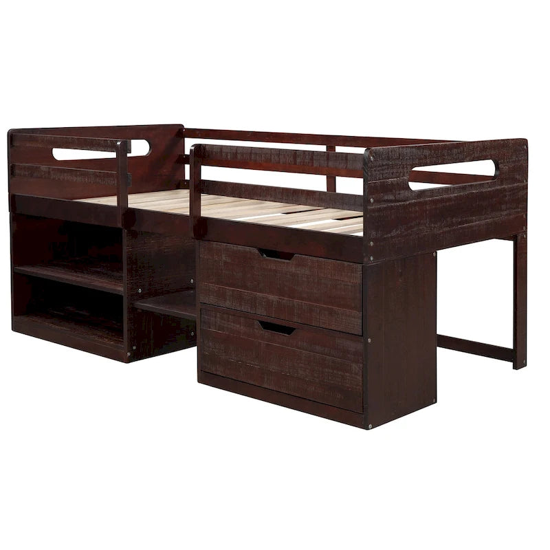Nestfair Twin Size Loft Bed with Two Shelves and Two drawers