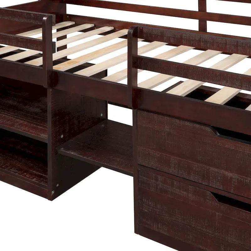 Nestfair Twin Size Loft Bed with Two Shelves and Two drawers