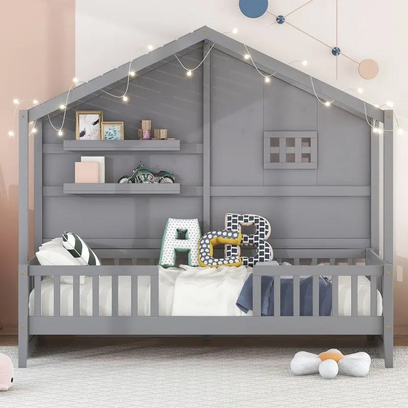Twin Size House Bed with Shelves, House Bed with Window and Sparkling Light Strip on the Roof
