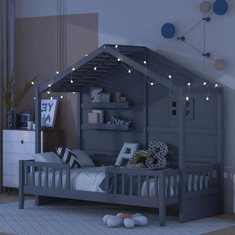Twin Size House Bed with Shelves, House Bed with Window and Sparkling Light Strip on the Roof