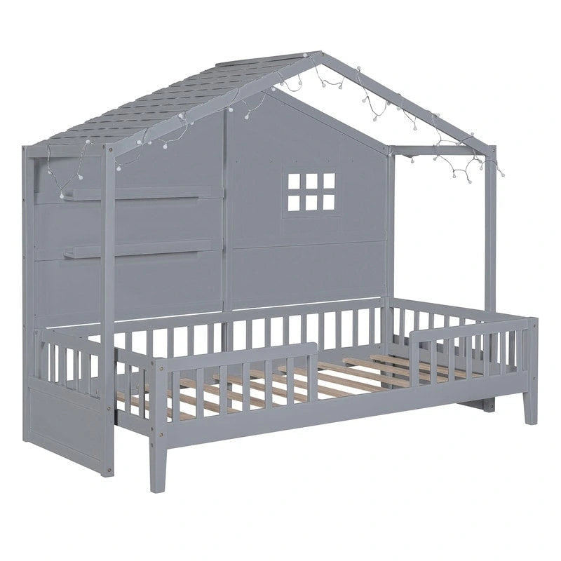 Twin Size House Bed with Shelves, House Bed with Window and Sparkling Light Strip on the Roof