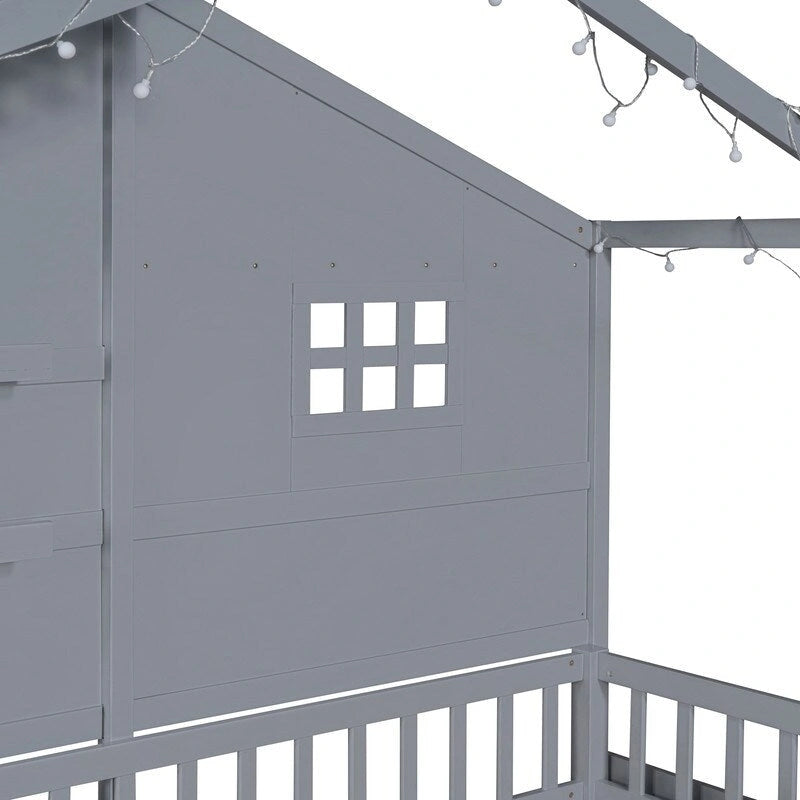 Twin Size House Bed with Shelves, House Bed with Window and Sparkling Light Strip on the Roof