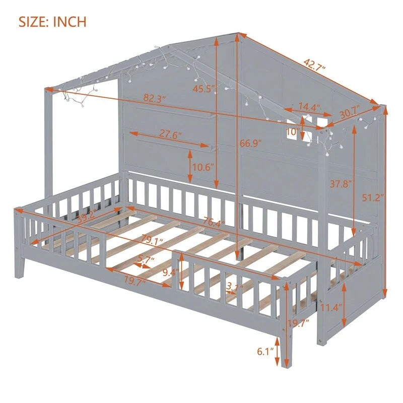 Twin Size House Bed with Shelves, House Bed with Window and Sparkling Light Strip on the Roof