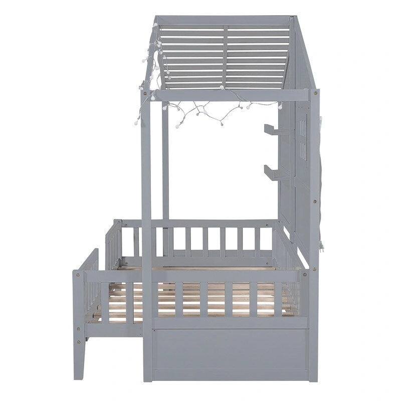 Twin Size House Bed with Shelves, House Bed with Window and Sparkling Light Strip on the Roof