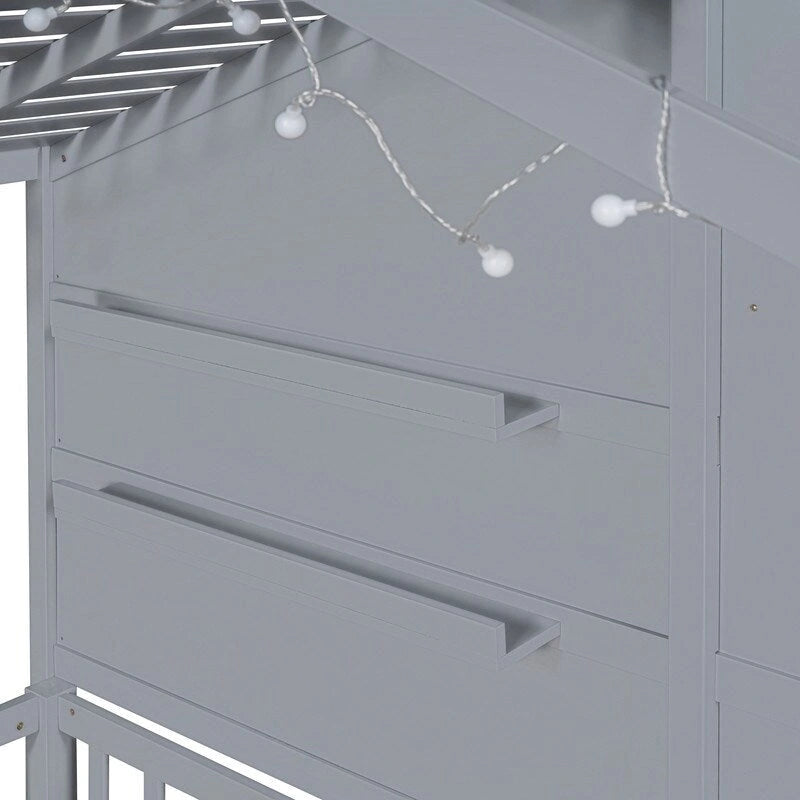 Twin Size House Bed with Shelves, House Bed with Window and Sparkling Light Strip on the Roof