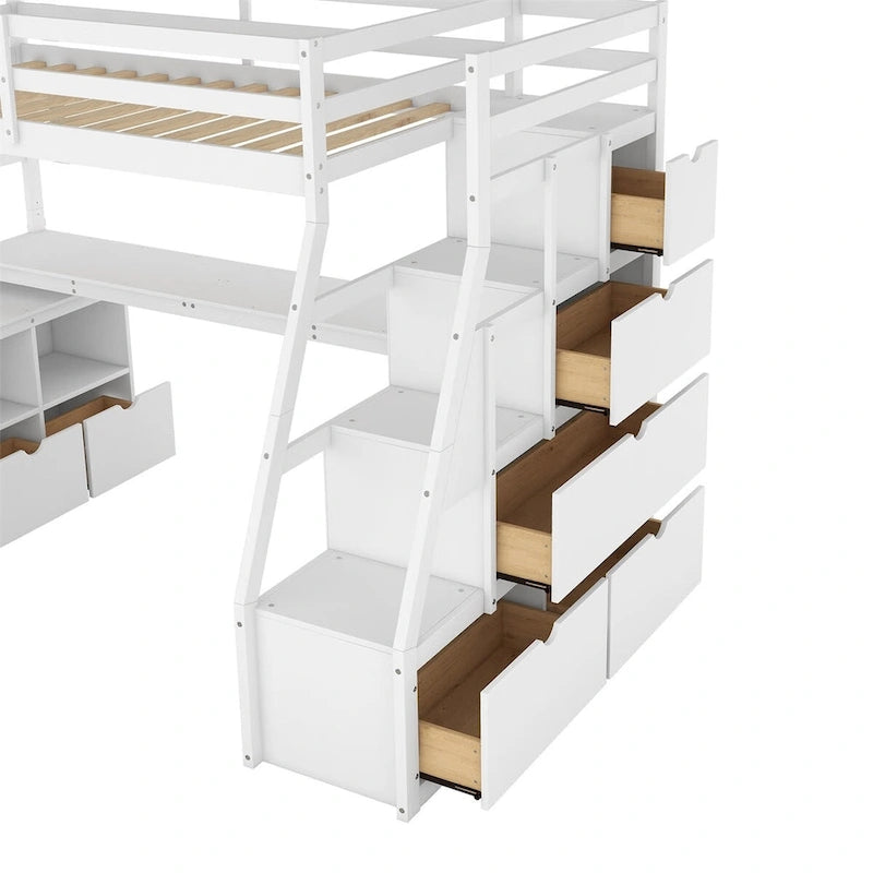 Merax Twin Size Loft Bed with with 7 Drawers 2 Shelves and Desk