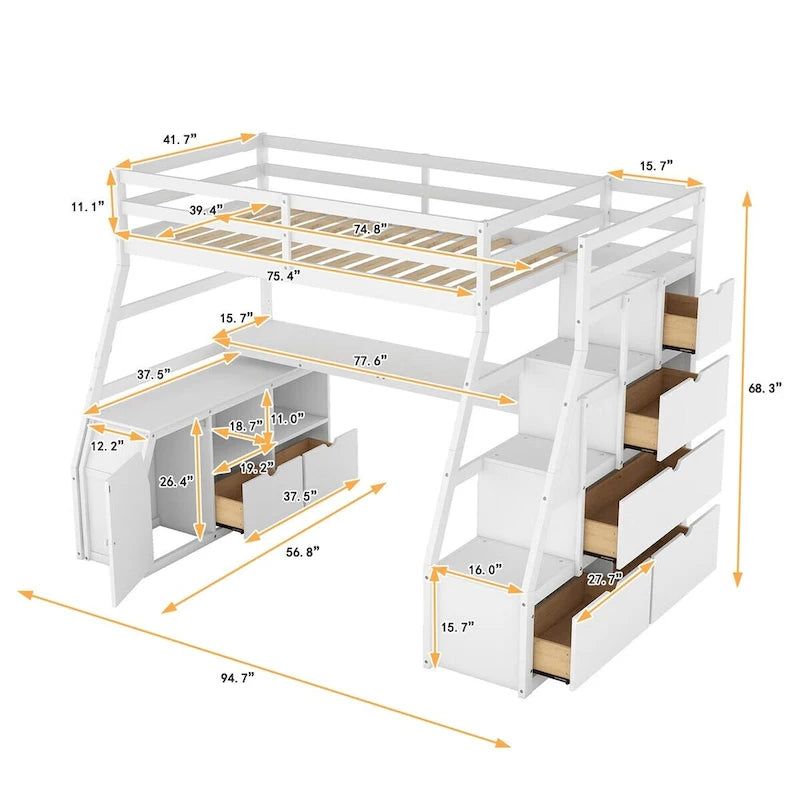 Merax Twin Size Loft Bed with with 7 Drawers 2 Shelves and Desk