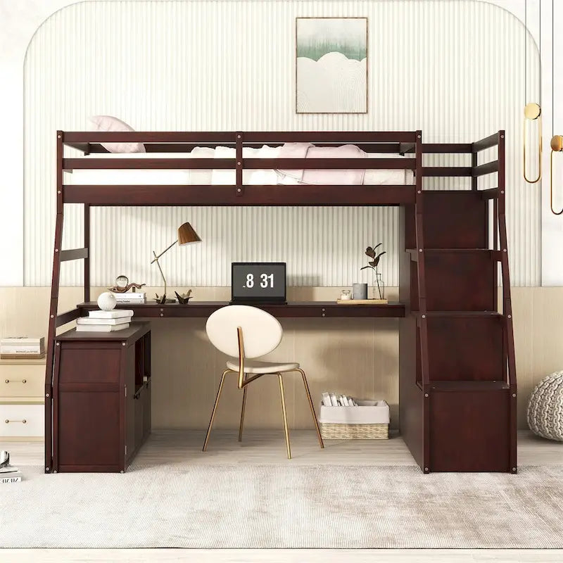 Merax Twin Size Loft Bed with with 7 Drawers 2 Shelves and Desk