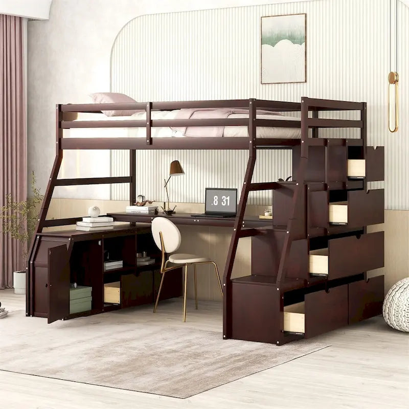 Merax Twin Size Loft Bed with with 7 Drawers 2 Shelves and Desk