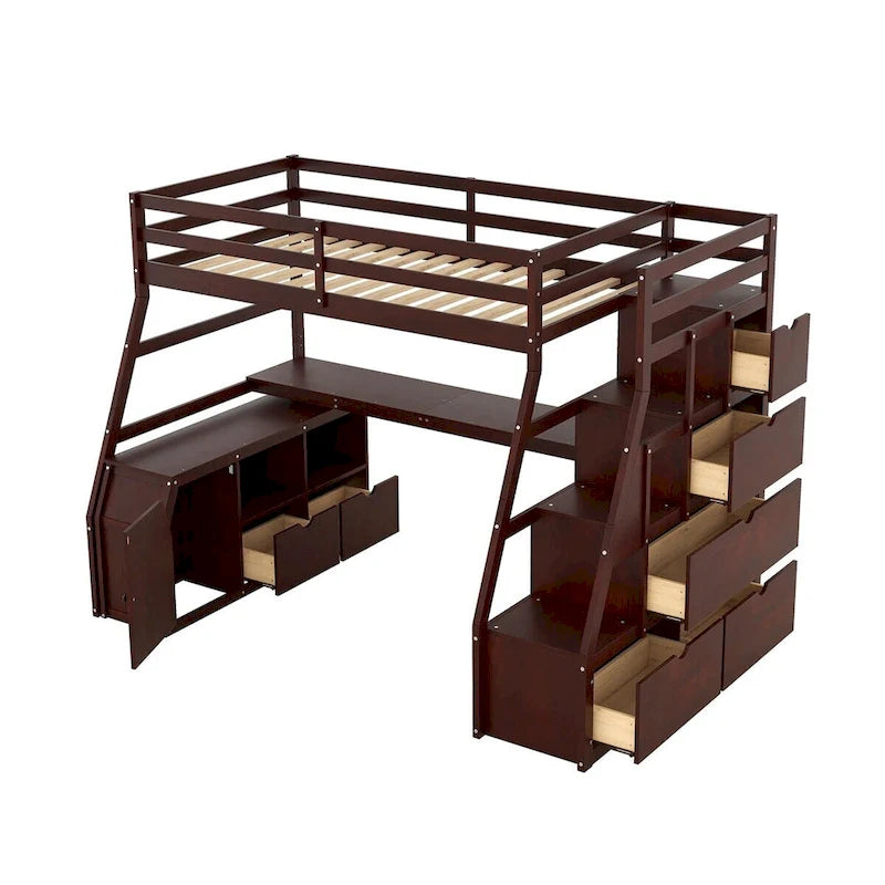 Merax Twin Size Loft Bed with with 7 Drawers 2 Shelves and Desk