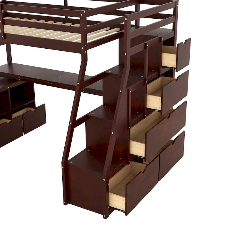 Merax Twin Size Loft Bed with with 7 Drawers 2 Shelves and Desk