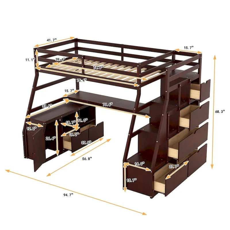 Merax Twin Size Loft Bed with with 7 Drawers 2 Shelves and Desk