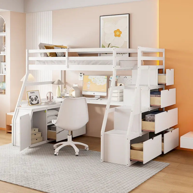 Merax Twin Size Loft Bed with with 7 Drawers 2 Shelves and Desk