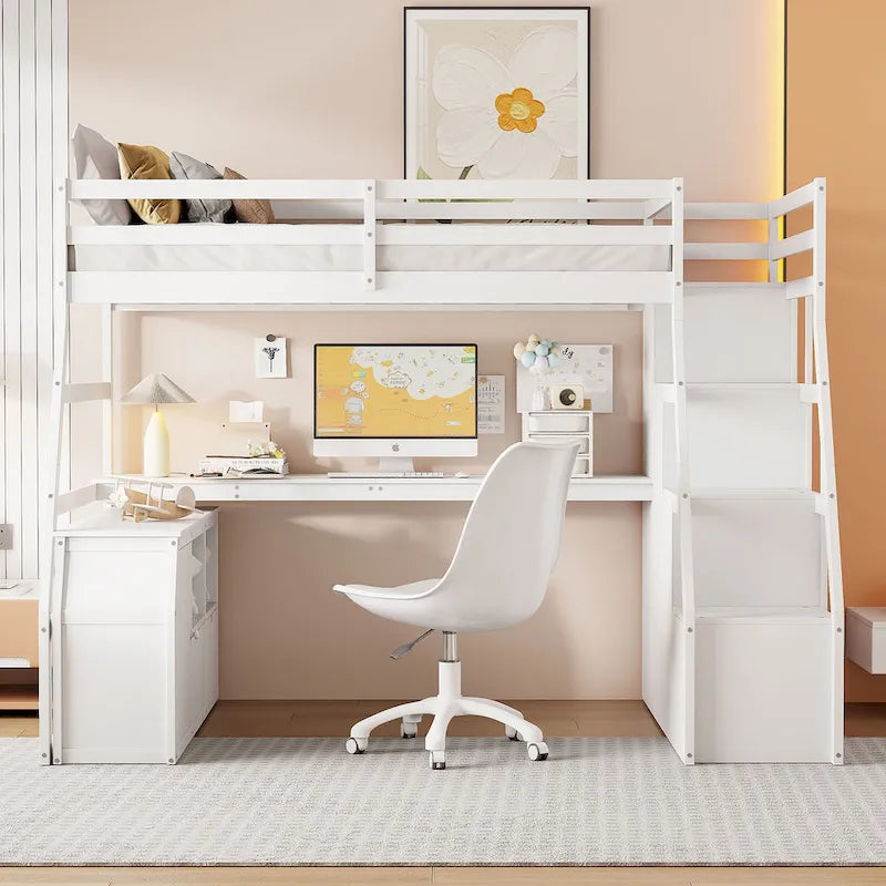 Merax Twin Size Loft Bed with with 7 Drawers 2 Shelves and Desk