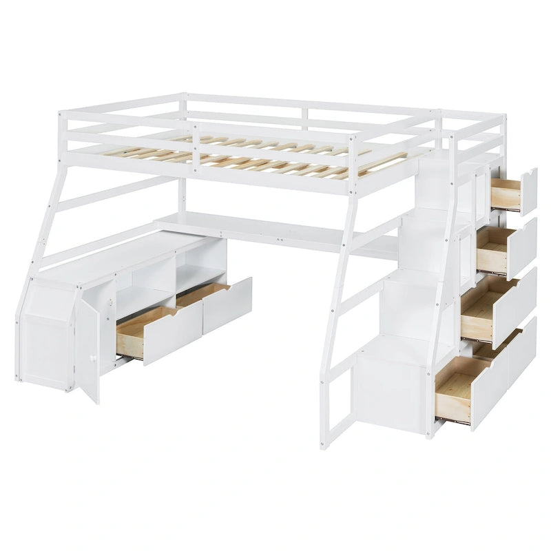 Merax Twin Size Loft Bed with with 7 Drawers 2 Shelves and Desk